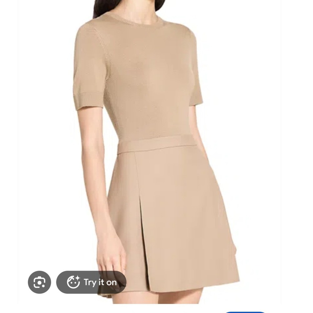 Theory Merino Wool Blend Deep Pleated Mini Dress Camel Size 2 Twofer Knit NEW